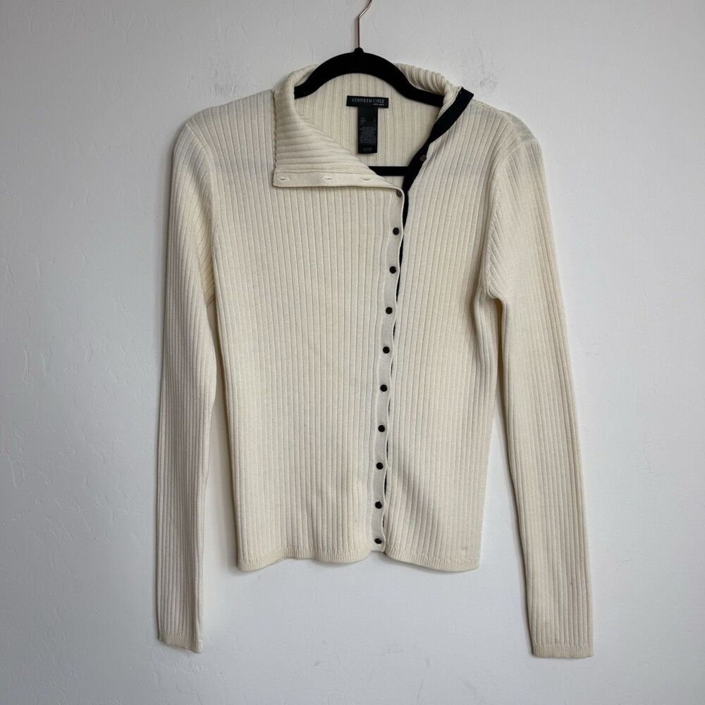 Kenneth Cole Womens LG Ivory Ribbed Knit Cardigan Asymmetrical Sweater Old Money